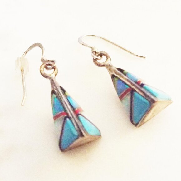 NAVAJO LA LEN ADAKAI STERLING Jewelry - NAVAJO LEN ADAKAI STERLING PYRAMID OPAL, JET & TURQUOISE INLAY PIERCED EARRING B